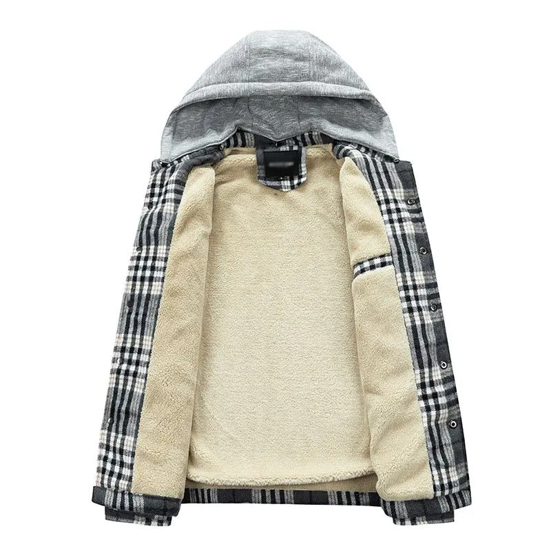 Winter Men's Jacket Plaid Wool Heavy Plus Size Shirt Checkered Hooded Coat Oversize Top