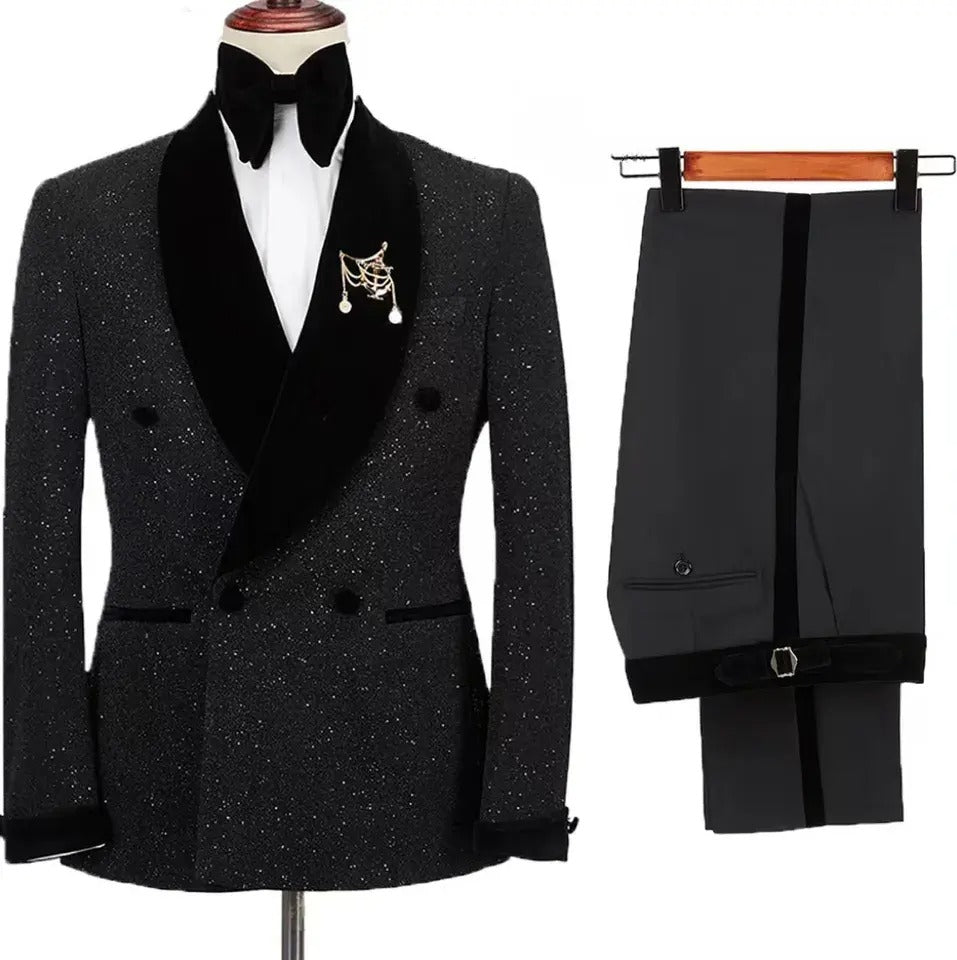 Shining Jacket With Pants Set Suits 2 Pieces Groom Tuxedos Black Flat Velvet Shawl Collar Wedding Suits Tuxedos | LL830