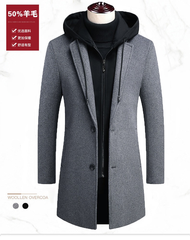 Men's Detachable Hooded Wool Jacket Windproof Mid-Length Coat Casual Thick Trench Coat | 1909-3
