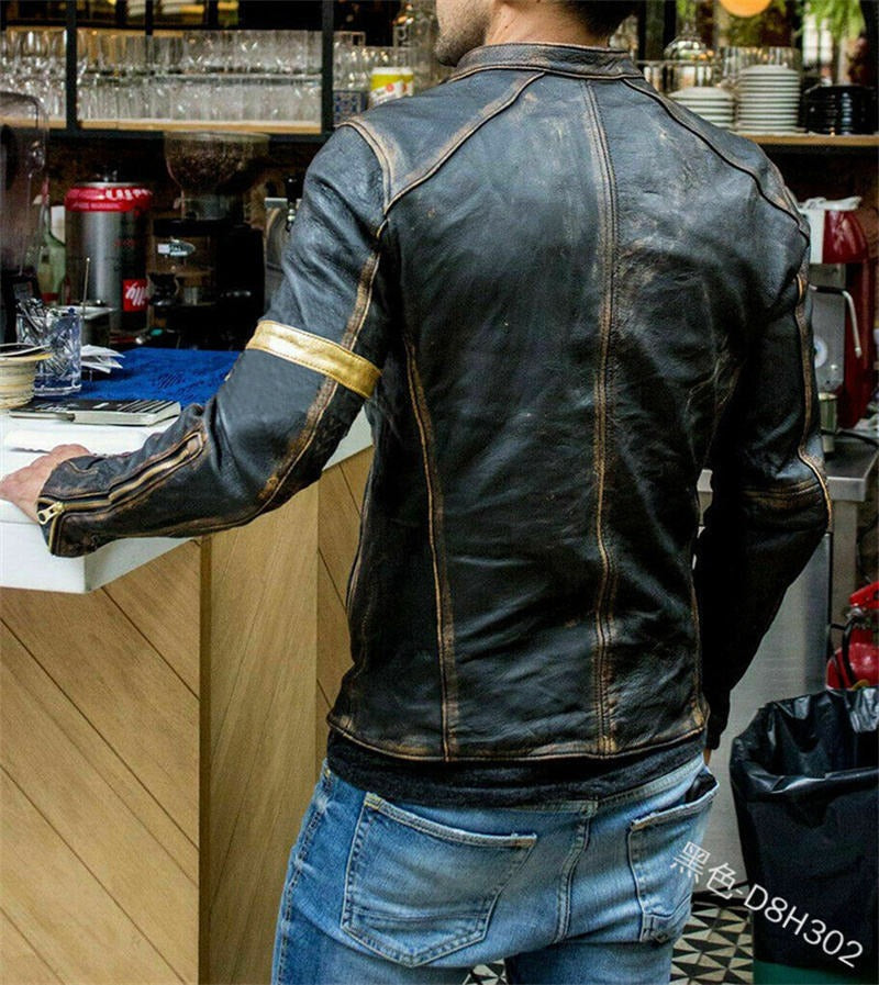 Men Vintage Stand Collar Zipper Riding Cardigan Jacket Motorcycle Casual Leather Jacket D8H302