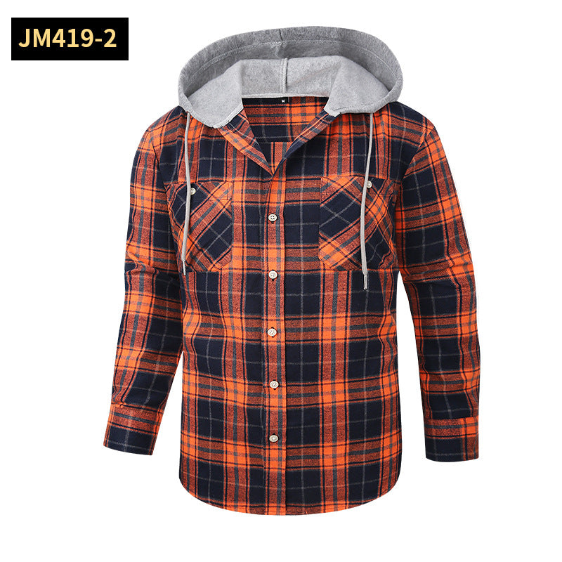 Chic Color Block Men's Plaid Pattern Hooded Long Sleeve Shirt Jacket With Drawstring And Pocket Spring Fall Outwear