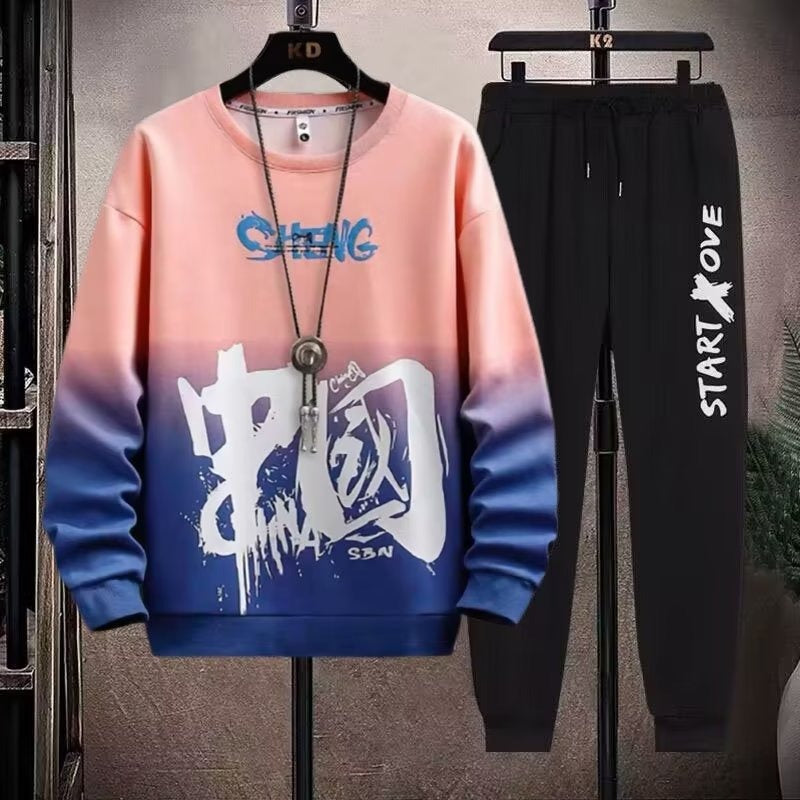 Men's 2 Piece Sweat Set Trousers Casual Pullover T-shirt Outer Wear Loose All-Match Gradient Color Long Sleeve Student Tops
