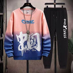 Men's 2 Piece Sweat Set Trousers Casual Pullover T-shirt Outer Wear Loose All-Match Gradient Color Long Sleeve Student Tops