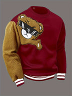 Men's Cartoon Bear Embroidered Crew Neck Plus Size Sweatshirt Polyester Fabric Vibrant Animal Pattern Top Casual Wear Knit Fabric Shirt