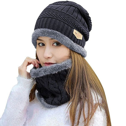 Winter Warm Soft Knitted Fleece Lined Velvet Skullies Beanie Hat Scarf Gloves Set | WEE1361