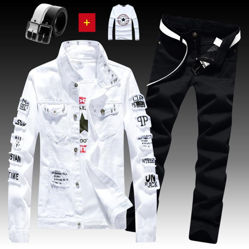 Men's Denim Jacket Jeans Pants Letters Printing Trousers 3 Pcs Set Casual Single Breasted
