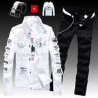 Men's Denim Jacket Jeans Pants Letters Printing Trousers 3 Pcs Set Casual Single Breasted