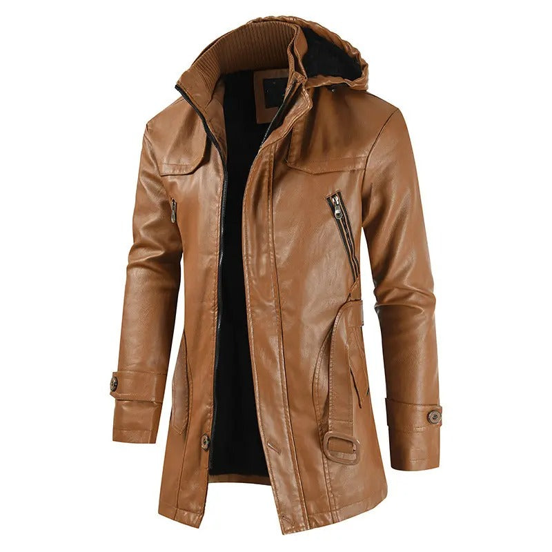Men's Mid-Length Leather Jacket Youth PU Leather Windbreaker Jacket