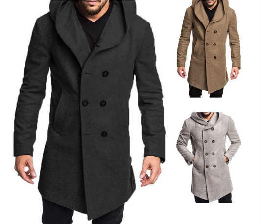 Trench antivento da uomo, lungo, softshell, con cappuccio, tasche laterali, cappotto caldo doppiopetto | HHN14-1 