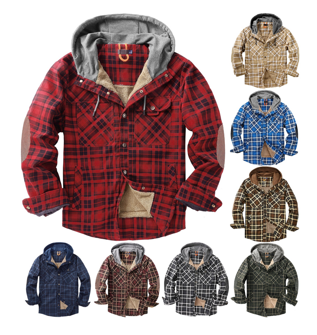 Men's Plaid Checked Shirt Jacket Plus Size Velvet Lined Windproof Warm Hooded Cotton Coat | 3252