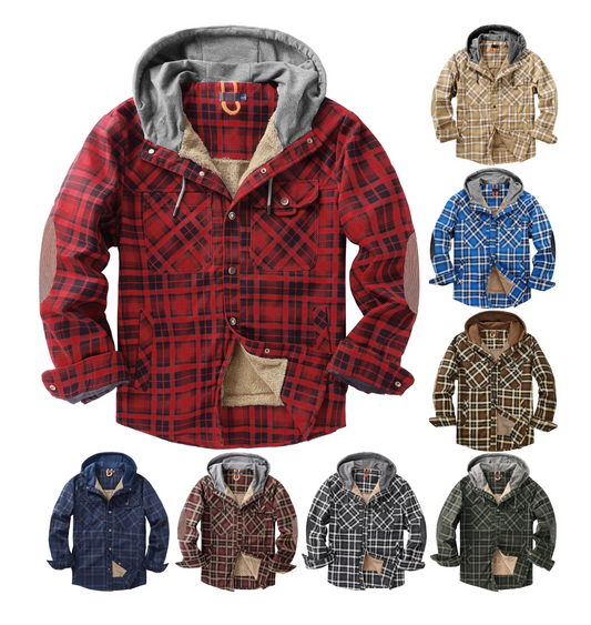 Top Quality Men's Plaid Checked Shirt Jacket Plus Size Velvet Lined Windproof Warm Hooded Cotton Coat | 3252