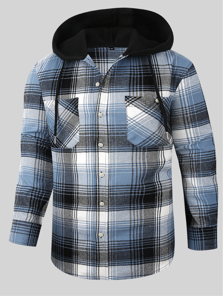 Chic Color Block Men's Plaid Pattern Hooded Long Sleeve Shirt Jacket With Drawstring And Pocket Spring Fall Outwear