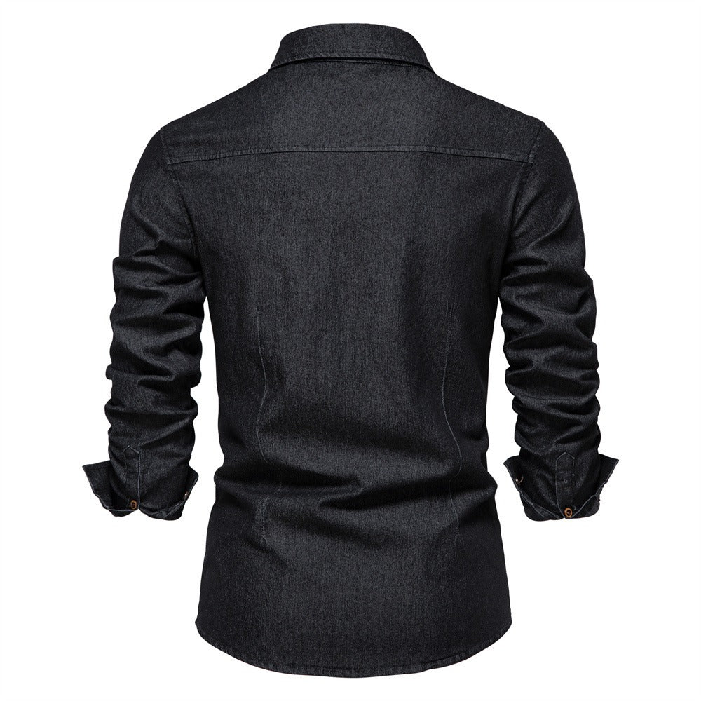 Men's Long Sleeve Denim No-Iron Casual Shirt Solid Color Cotton Vintage Style | 6022