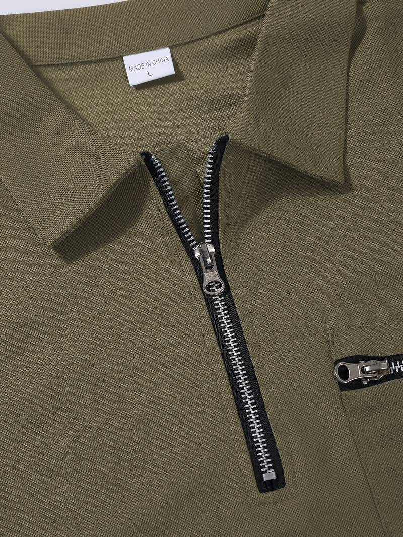 Men's Short-sleeved Lapel Collar T-Shirt Solid Color Quarter Zipped Casual T-Shirt | FLS-4