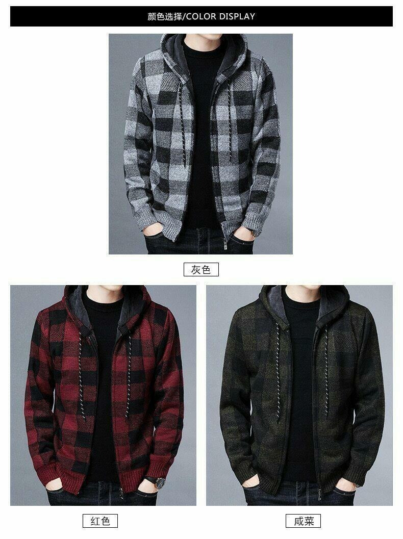 Men's Winter Casual Coat Hooded Knit Outwear Plaid Sweater Full Zipper Cardigan Jackets