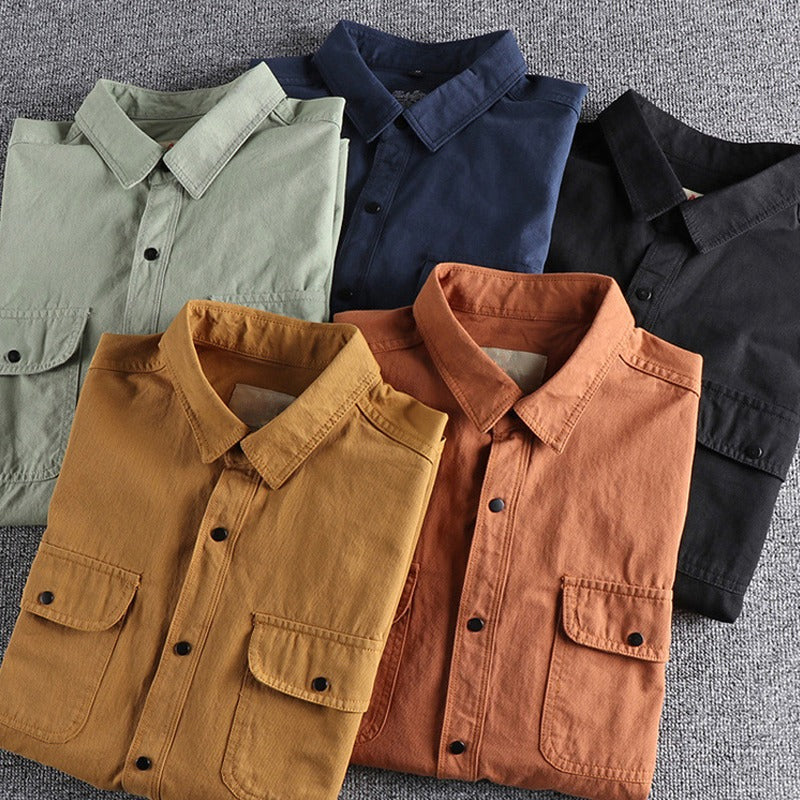 Vintage Workwear Double Pocket Shirt Retro Casual Classic Shirt Top for Men | V38