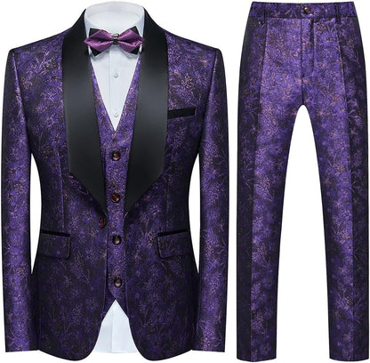 Men's 3 Pieces Tuxedo Suit Set Floral Pattern Premium Quality Blazer Waistcoat & Pants 3 Pcs Set Wedding Party & Festive Occasions | 802