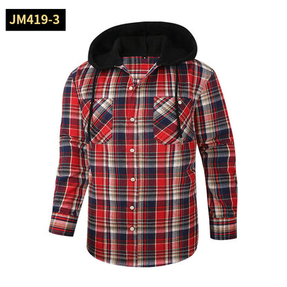 Men Premium Loose Fit Casual Flannel Long Sleeve Hooded Plaid Checkered Shirt | JM419