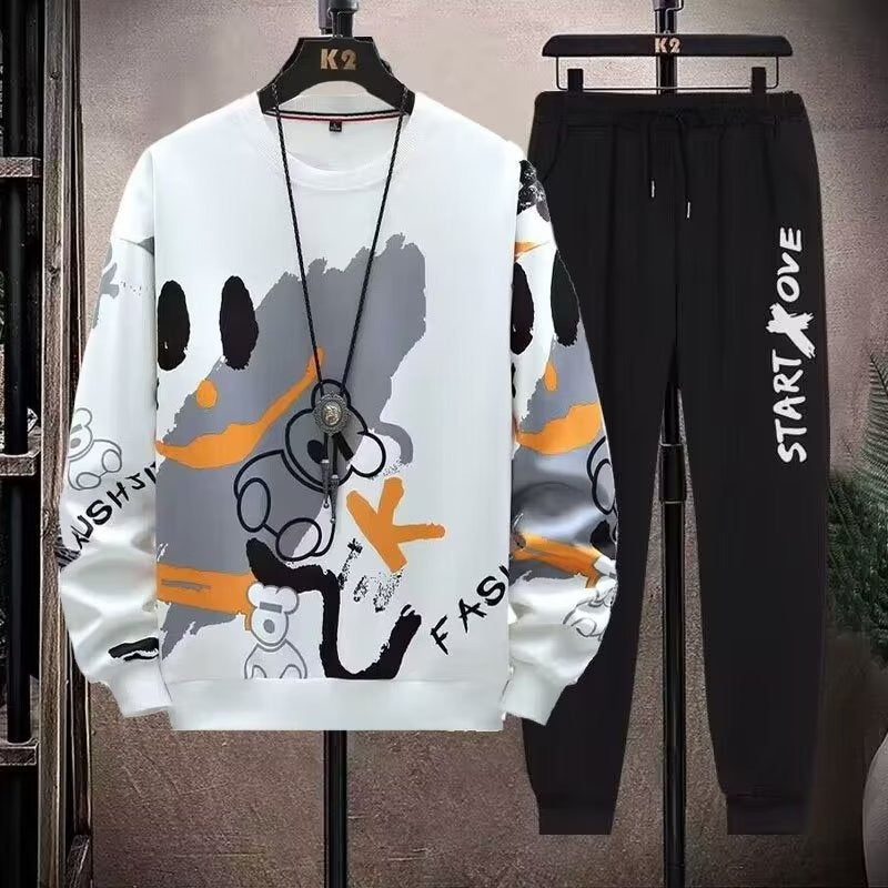 Men's 2 Piece Sweat Set Trousers Casual Pullover T-shirt Outer Wear Loose All-Match Gradient Color Long Sleeve Student Tops