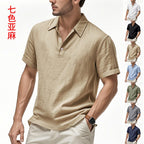 Men’s British Gentleman Style Loose-Fit Linen Polo Shirt Summer Short Sleeve | YHBKCS-20