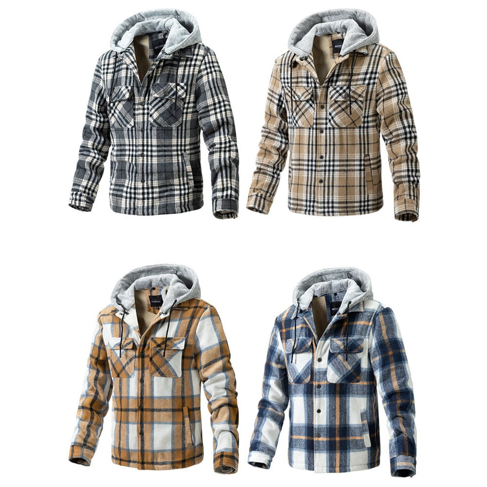 Winter Men's Jacket Plaid Wool Heavy Plus Size Shirt Checkered Hooded Coat Oversize Top