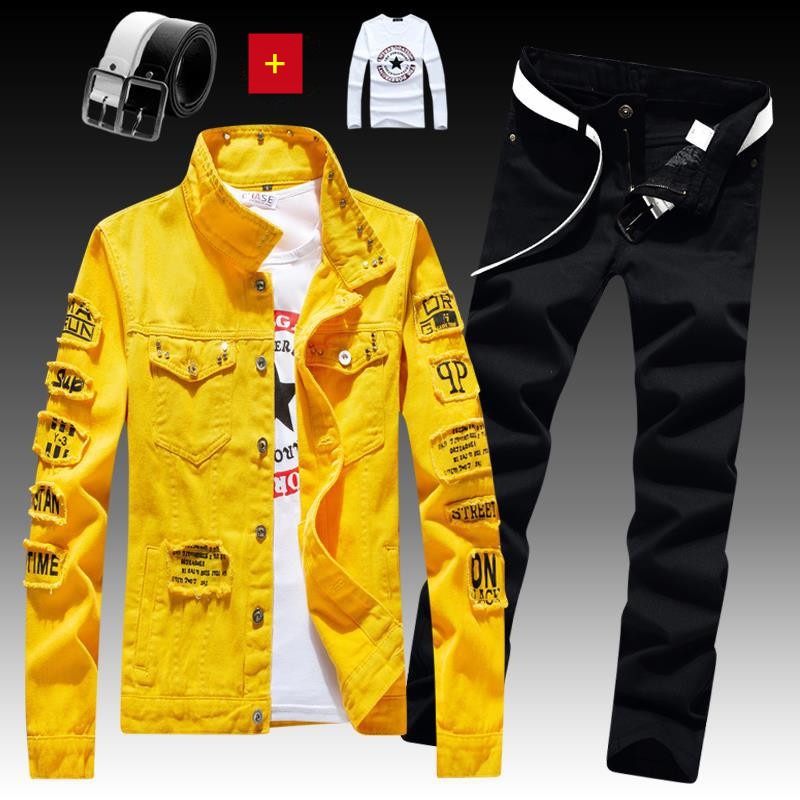 Men's Denim Jacket Jeans Pants Letters Printing Trousers 3 Pcs Set Casual Single Breasted