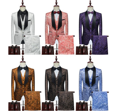 Men's 3 Pieces Tuxedo Suit Set Floral Pattern Premium Quality Blazer Waistcoat & Pants 3 Pcs Set Wedding Party & Festive Occasions | 802