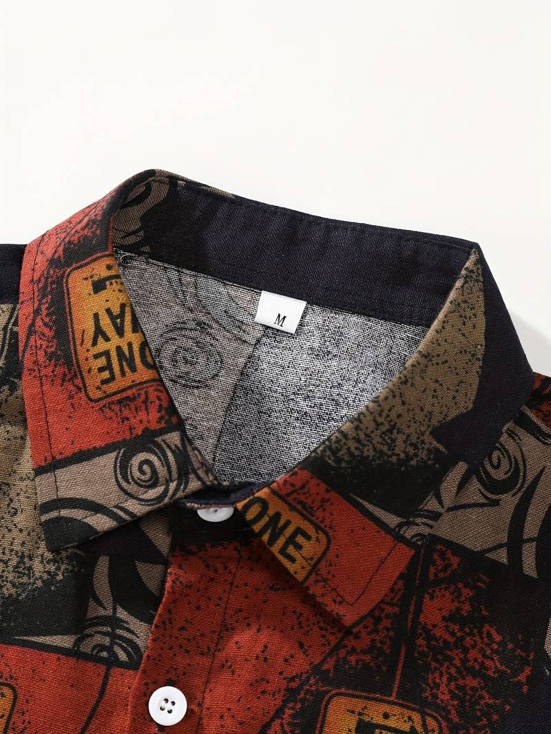 Men's Short Sleeve Button Up Top Lapel Collar Geometric Print Loose Fit Breathable Quick-Dry Cotton Blend Shirt