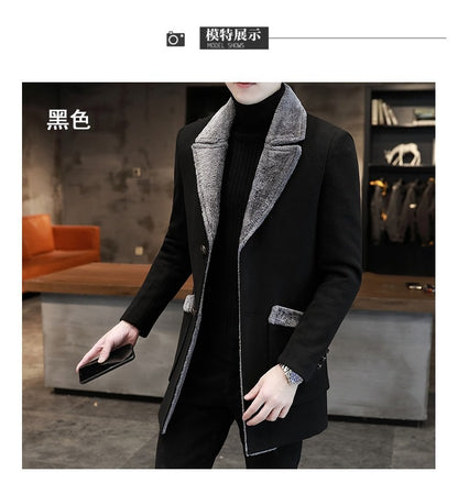 Men's Winter Fur Collar Trench Coat Slim Fit Mid-Long Blend Overcoat for Cold Weather | D-3229