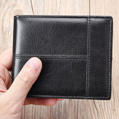 RFID Anti-Theft Leather Wallet Short Cowhide Bifold Design with Multi-Card Slots & Coin Pocket for Men | 8064