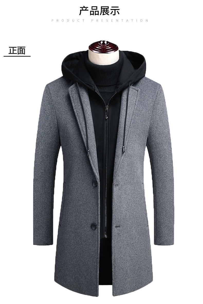 Men's Detachable Hooded Wool Jacket Windproof Mid-Length Coat Casual Thick Trench Coat | 1909-3