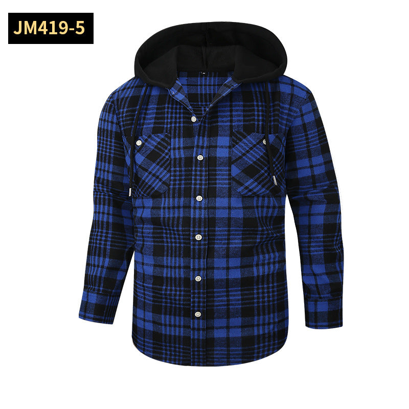 Men Premium Loose Fit Casual Flannel Long Sleeve Hooded Plaid Checkered Shirt | JM419