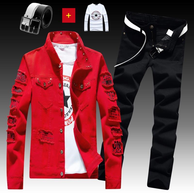 Men's Denim Jacket Jeans Pants Letters Printing Trousers 3 Pcs Set Casual Single Breasted