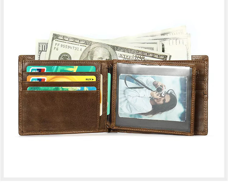 RFID Anti-Theft Leather Wallet Short Cowhide Bifold Design with Multi-Card Slots & Coin Pocket for Men | 8064