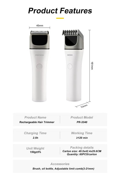 PRITECH Ceramic Blade Cordless Hair Trimmer 5000RPM Electric Hair Clipper for Men | PR-3340