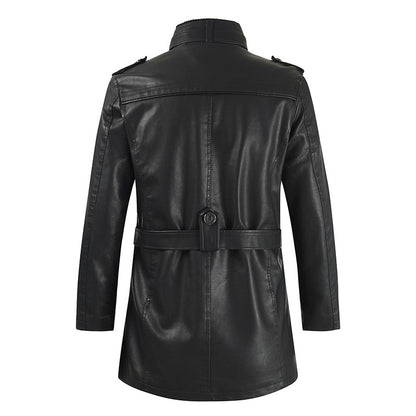 High Quality Casual Pu Leather Jacket Waterproof Thick Stand Collar Zipper Long Coat