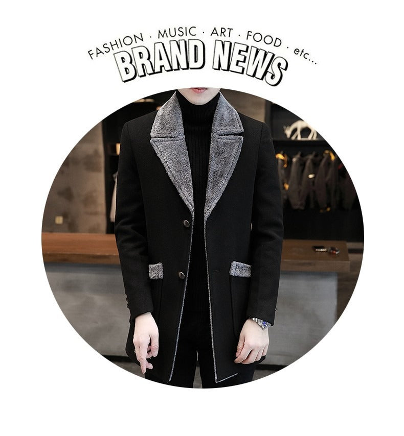 Men's Winter Fur Collar Trench Coat Slim Fit Mid-Long Blend Overcoat for Cold Weather | D-3229