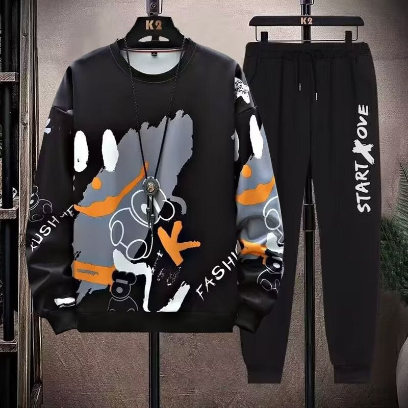 Men's 2 Piece Sweat Set Trousers Casual Pullover T-shirt Outer Wear Loose All-Match Gradient Color Long Sleeve Student Tops
