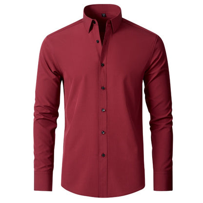 Camicia da uomo elasticizzata casual da lavoro a maniche lunghe, tinta unita, slim, non stirabile, elasticizzata 