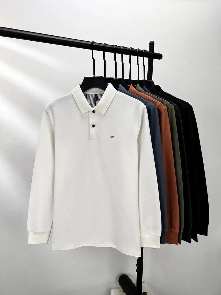 Men's Long-Sleeve Polo Shirt Business Casual Cotton T-Shirt with Embroidered Lapel Design | DS