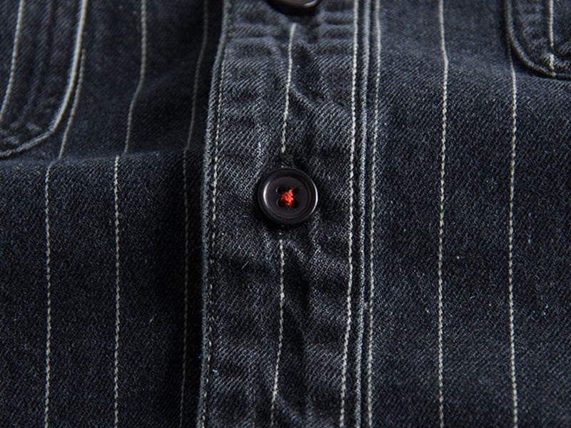 Men's Retro Heavy Distressed Denim Shirt Slim Fit Striped Long Sleeve Shirt | 8833