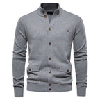 Men's Cotton Cable Knit Cardigan with Pockets, Stand Collar, Button-Down Sweater | CW61