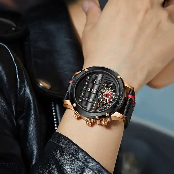 Men's Wrist Watches Military Sport Quartz Unique Rotate Date Leather Strap Watch | A9022