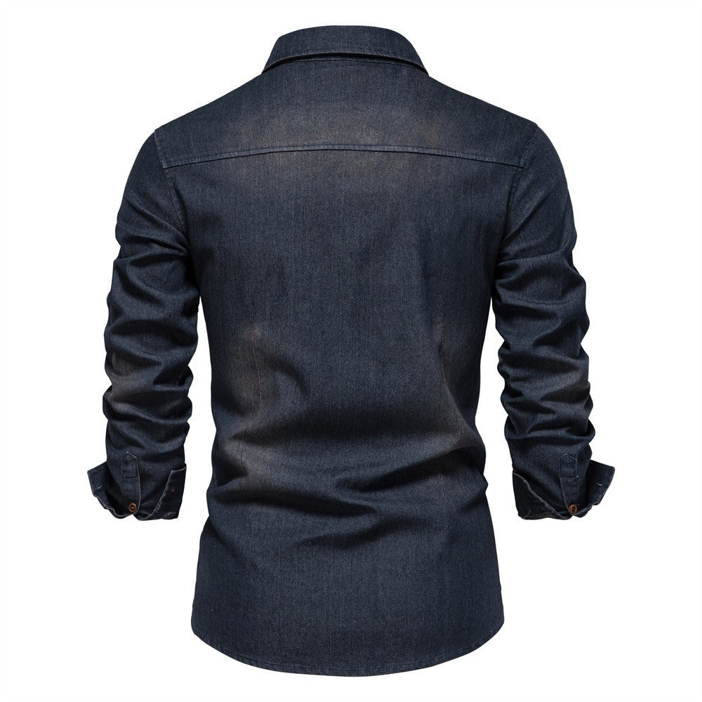 Men's Long Sleeve Denim No-Iron Casual Shirt Solid Color Cotton Vintage Style | 6022