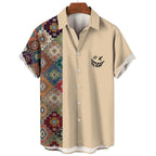Vintage Ethnic Print Men’s Casual Short Sleeve T Shirt Cowboy Lapel Button Blouse Streetwear Polo Shirt