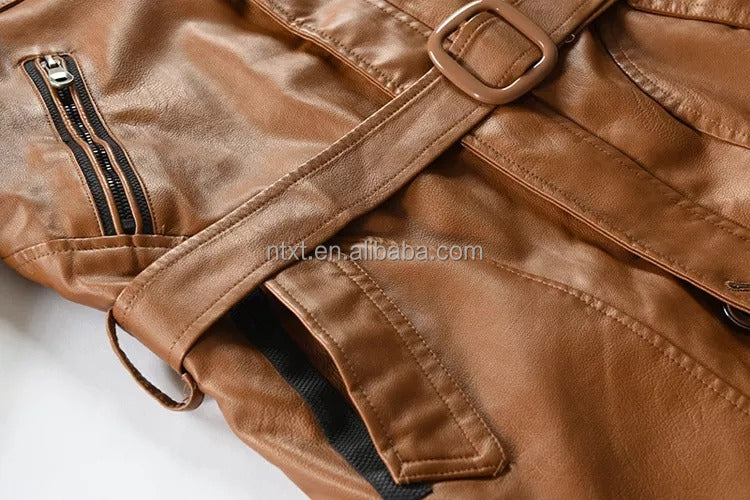 Men's Mid-Length Leather Jacket Youth PU Leather Windbreaker Jacket