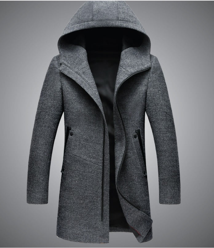 Men's Premium End Wool Blend Trench Coat Zip Closure Hooded Mid Long Overcoat