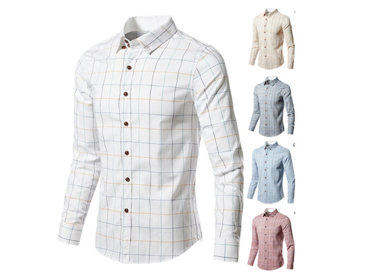 Men's 100% Cotton Long Sleeve Plaid Slim Fit Button Down Dress Shirt | 228-CS27
