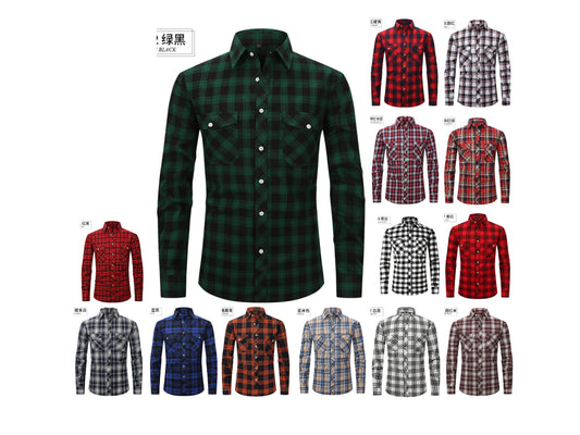 Men Slim Wear Plaid Premium Long Sleeve Double Pocket Flannel Foreign Trade Shirt | M501
