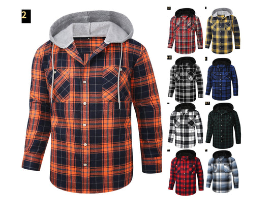 Men Premium Loose Fit Casual Flannel Long Sleeve Hooded Plaid Checkered Shirt | JM419